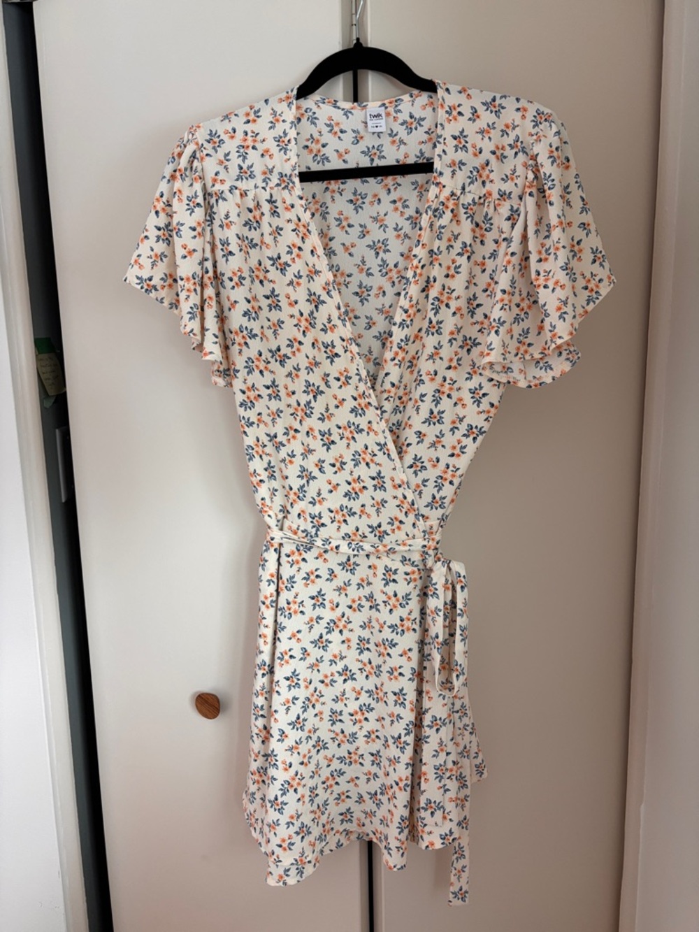 twik Cream Floral Mini Wrap Dress with Blue & Orange Accents